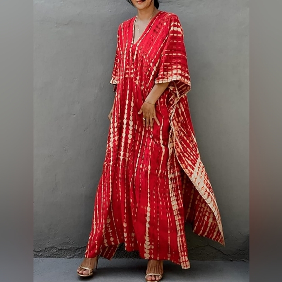 Red Tie Dye Hippie Boho Kaftan Long Loose Maxi Dress Bohemian V Neck Caftan New - Picture 2 of 13